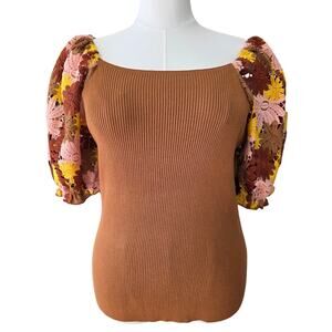 Cato Floral Crochet Puff Sleeve Top XL Brown Ribbed Knit Boho Spring NWT